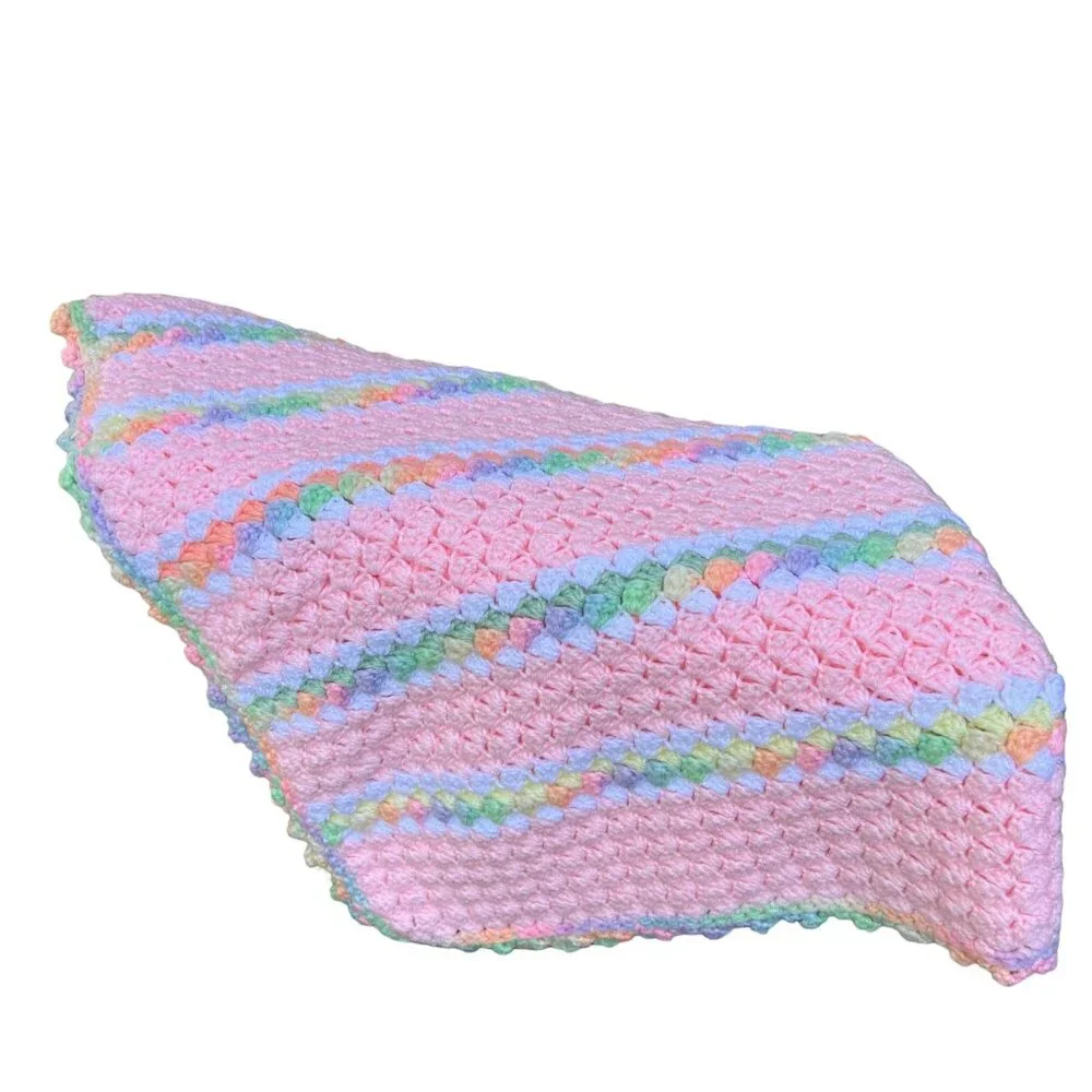 Baby Afghan Hand Crocheted 34X42 Pink Multi Color Rainbow Stripes Scalloped Edge